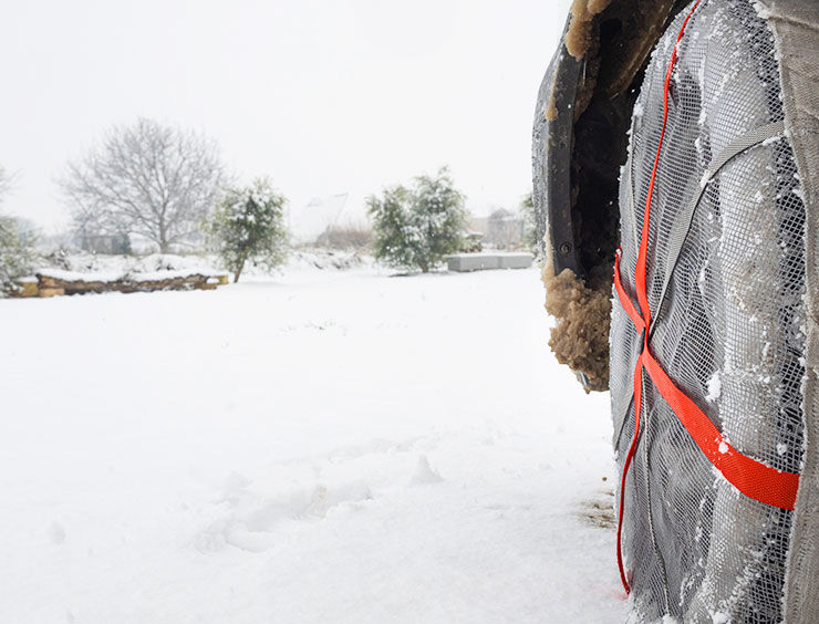 Wheel with ice chains for tires in a snowy field Chaussettes pour pneus